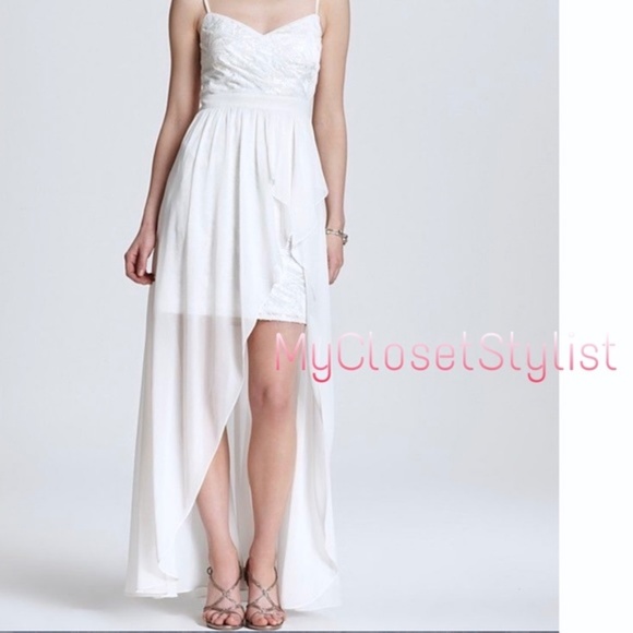 AQUA Hi Low Prom Semi-Formal Sequins White Dress 2 - Picture 3 of 6